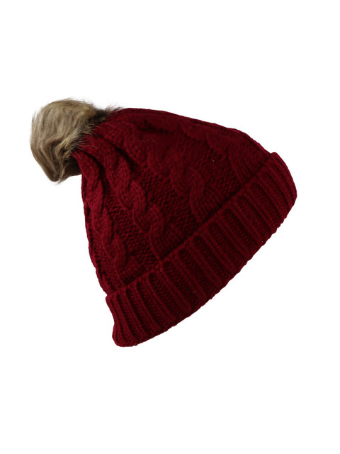 

Bunnywave Unisex Maroon & Beige Pom-Pom Beanie with Fur inside