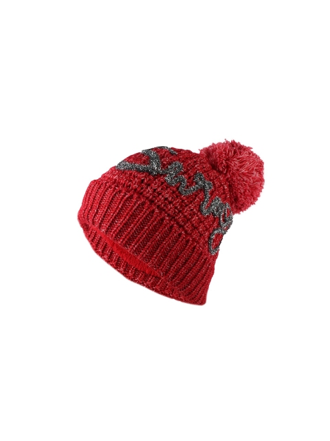 

Bunnywave Women Red & Grey Beanie Pom-Pom Cap with Fur inside