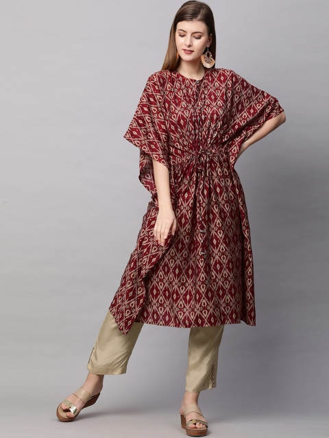 

FASHOR Women Maroon Printed Sequinned Kaftan Kurta with Trousers