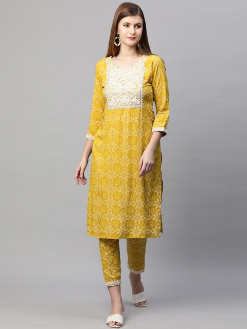 

FASHOR Women Mustard Yellow Ethnic Printed & Embroidered Kurta with Trousers