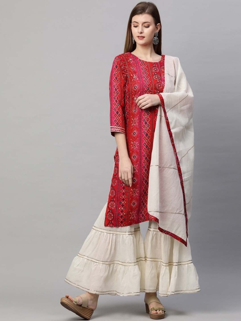 

FASHOR Women Pink & Off-White Bandhani Printed Gotta Patti Kurta with Sharara & Dupatta