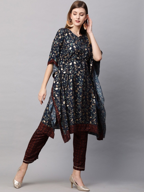 

FASHOR Women Navy Blue Embroidered Tiered Top with Trousers & With Dupatta