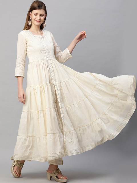 

FASHOR Women Off White Floral Embroidered Tiered Sequinned Kurta with Pyjamas