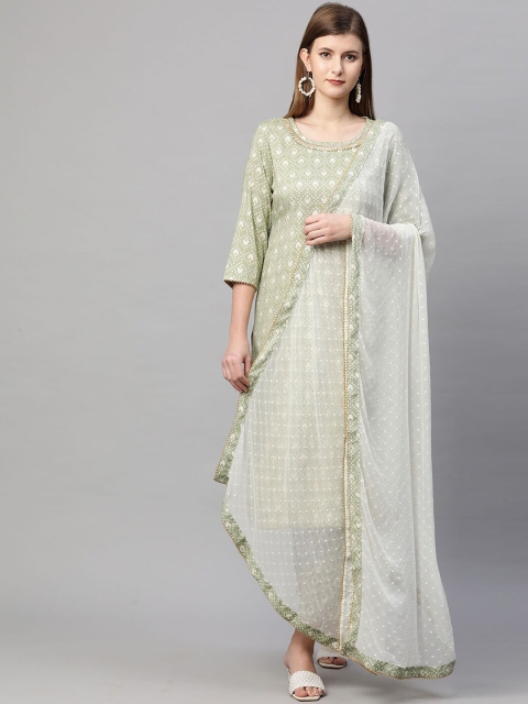 

FASHOR Women Green Ethnic Motifs Printed Gotta Patti Kurta with Trousers & With Dupatta