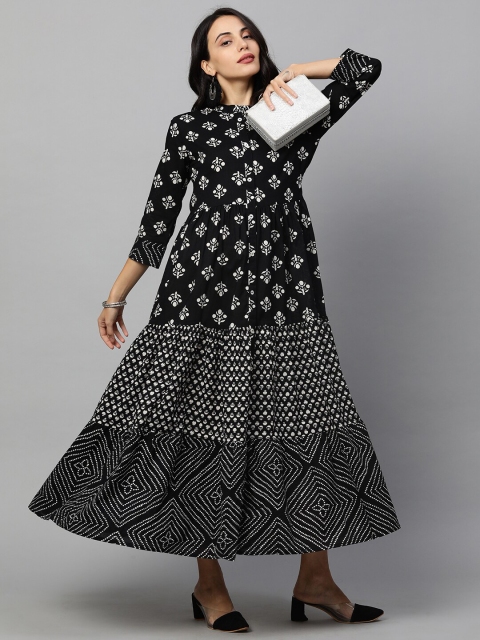 

FASHOR Black Ethnic Motifs Tiered Maxi Dress