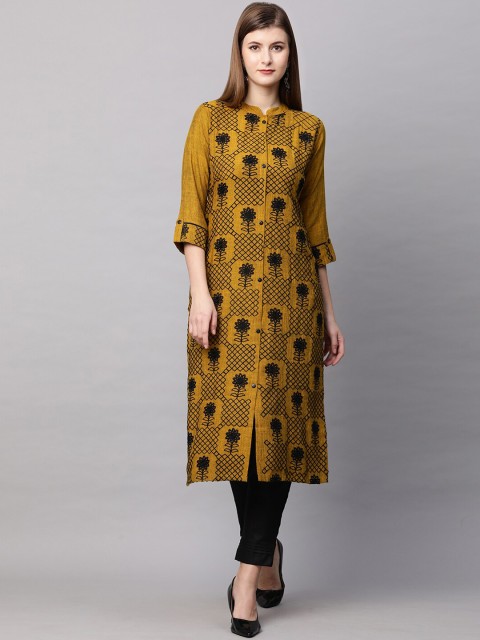 

FASHOR Women Mustard & Black Embroidered Thread Work Kurta with Trousers