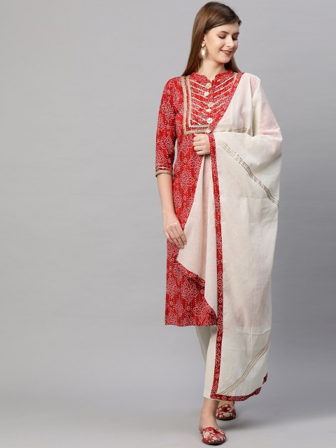 

FASHOR Women Red Bandhani Printed Gotta Patti Kurti with Trousers