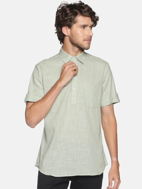 

Saffron Threads Men Pastel Green Shirt Collar Short Kurta
