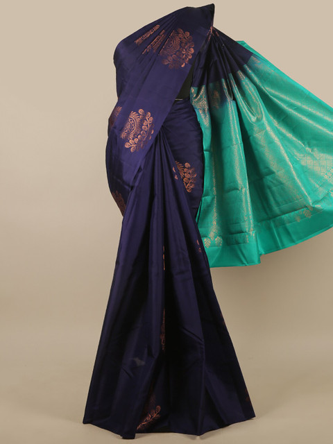 

Pothys Women Navy Blue & Green Woven Design Pure Silk Saree