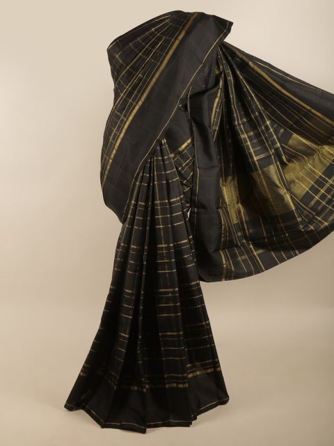 

Pothys Women Black & Gold-Toned Checked Pure Silk Saree