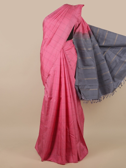 

Pothys Pink & Grey Checked Pure Silk Saree