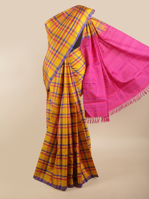 

Pothys Yellow & Blue Checked Pure Silk Saree