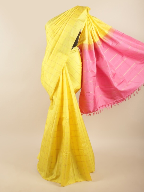 

Pothys Yellow & Pink Checked Zari Pure Silk Saree