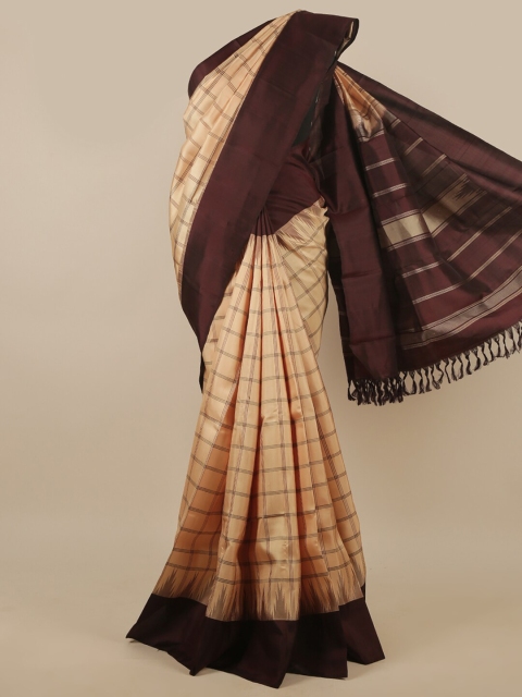 

Pothys Cream-Coloured & Brown Checked Pure Silk Saree