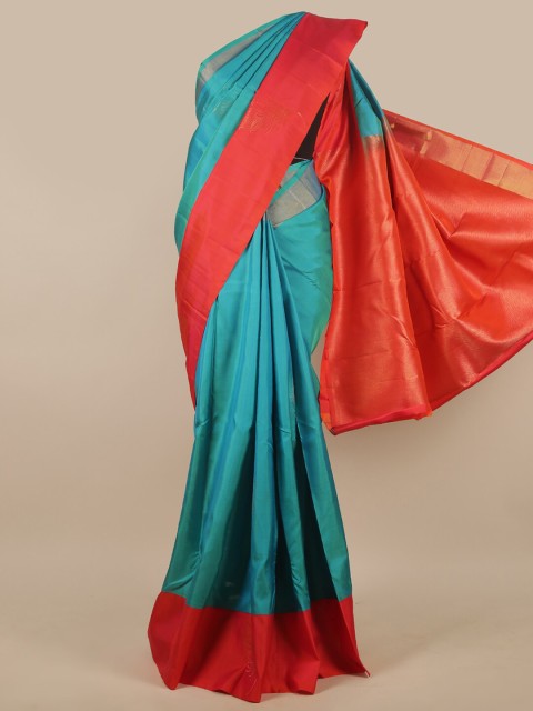 

Pothys Women Blue & Orange Solid Zari Woven Design Pure Silk Saree