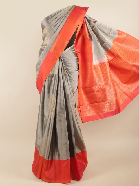 

Pothys Grey & Orange Striped Zari Pure Silk Saree