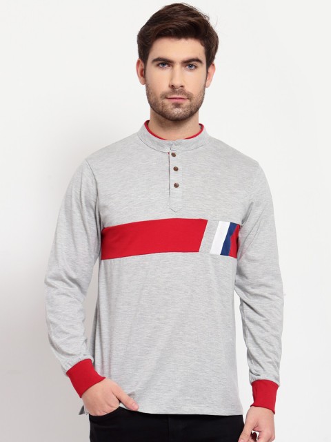 

Kalt Men Grey Melange & Red Striped T-shirt