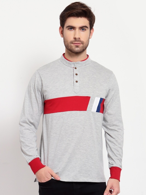 

Kalt Men Grey Melange Colourblocked Mandarin Collar T-shirt
