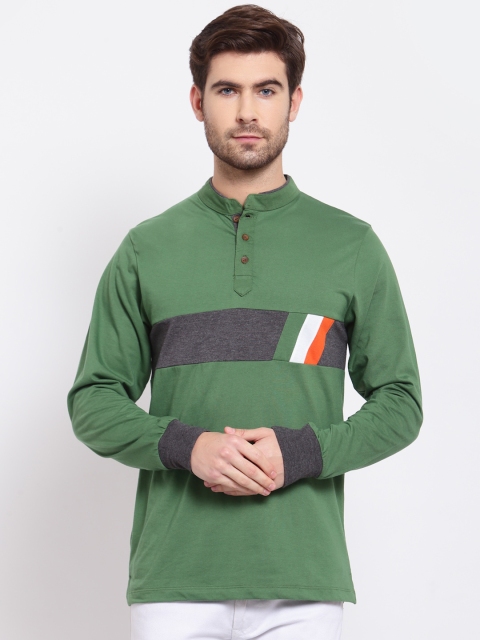 

Kalt Men Green Mandarin Collar Cotton Blend T-shirt