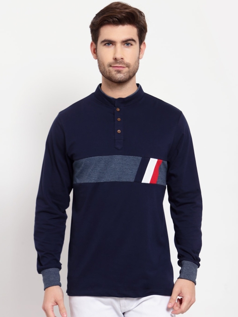 

Kalt Men Navy BlueColor-Blocked Mandarin Collar T-shirt, Navy blue