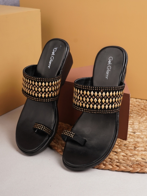 

Get Glamr Women Black & Gold-Toned Embellished Ethnic Wedges