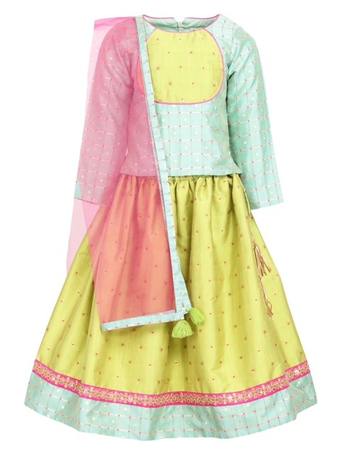 

A Little Fable Girls Green & Pink Ready to Wear Lehenga & Blouse With Dupatta