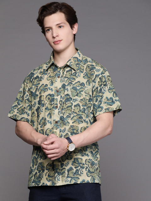 

Fabindia Men Olive Green & Teal Blue Ethnic Printed Cotton Shirt