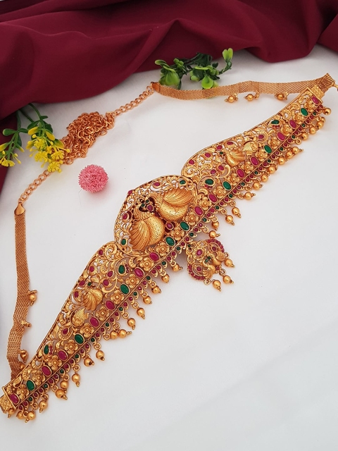 

GRIIHAM Gold-Plated Pink & Green Kundan Studded Kamarbandh