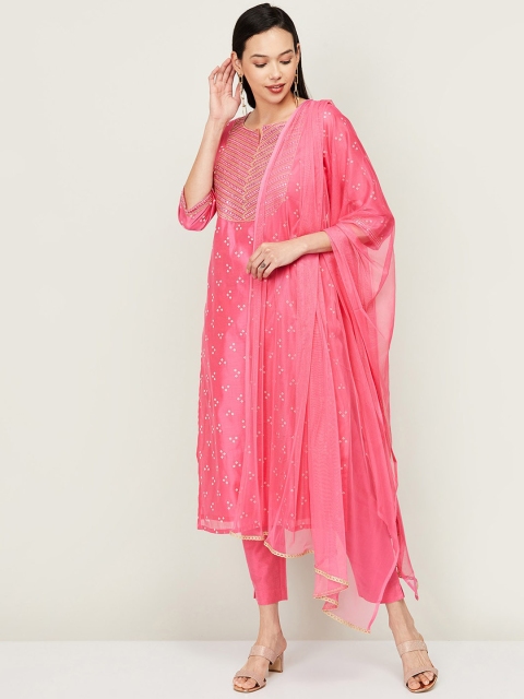 

Melange by Lifestyle Women Pink Pleated Chanderi Silk Kurti with Trousers & With Dupatta
