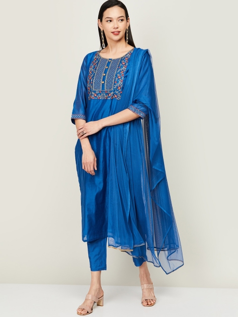 

Melange by Lifestyle Women Blue Embroidered Chanderi Silk Kurta with Trousers & Dupatta