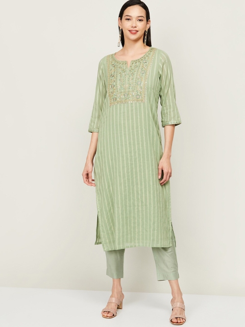 

Melange by Lifestyle Women Green Striped Pure Cotton Kurta with Trousers & With Dupatta