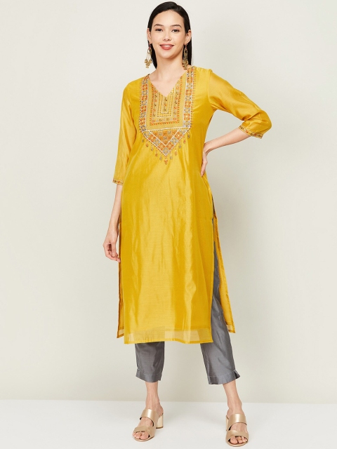 

Melange by Lifestyle Women Yellow Striped Empire Chanderi Silk Kurti with Trousers