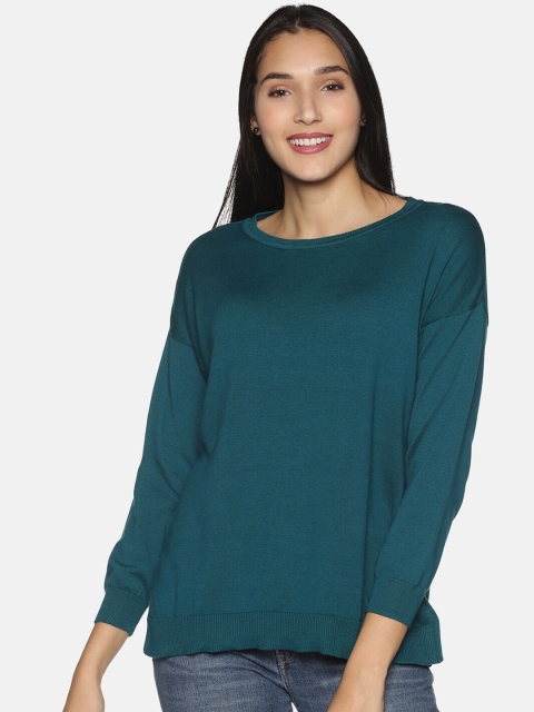 

BlissClub Women Teal Pure Cotton Extended Sleeves NonStop Top