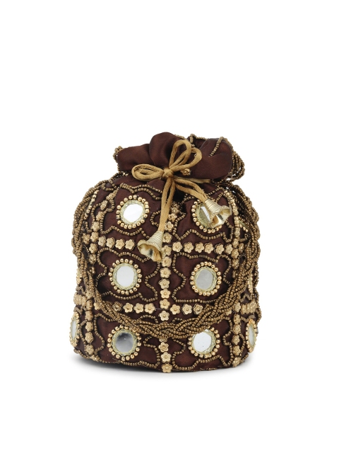 

gaura pakhi Brown & Gold-Toned Embroidered Mirror Work Embellished Potli