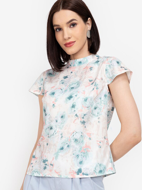 

ZALORA WORK Women Off White & Blue Floral Printed High Neck Top