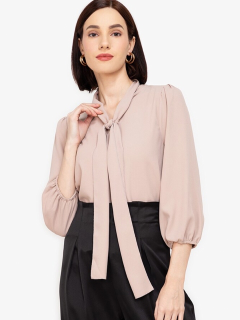 

ZALORA WORK Women Beige Solid Tie-Up Neck Top