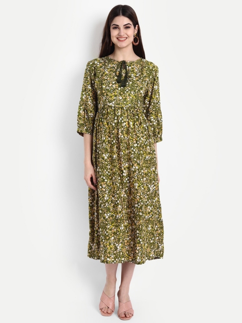 

Aaruvi Ruchi Verma Green & Yellow Floral Tie-Up Neck Maternity Midi Fit & Flare Dress