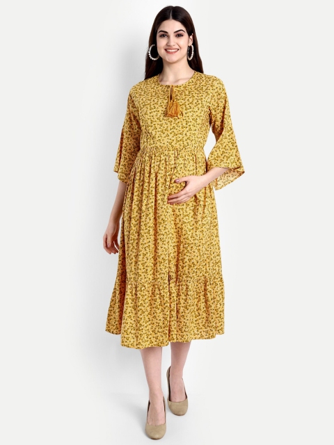 

Aaruvi Ruchi Verma Yellow & White Floral Tie-Up Neck Maternity Midi Dress