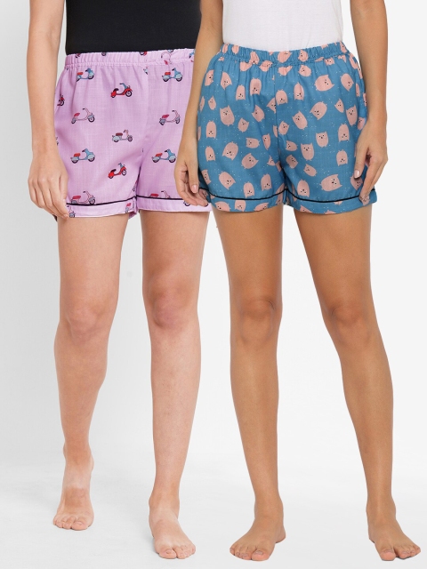 

FashionRack Women Blue & Purple Set of 2 Printed Lounge Shorts