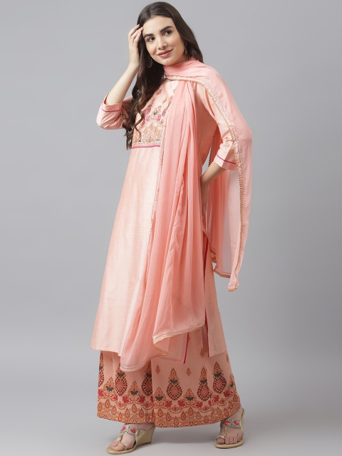 

SIAH Women Peach-Coloured Ethnic Motifs Embroidered Sequinned Pure Cotton Kurti with Palazzos & With Dupatta