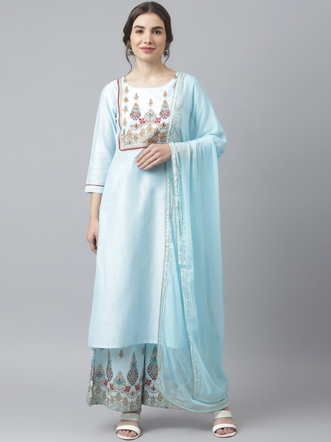 

SIAH Women Turquoise Blue Floral Embroidered Sequinned Pure Cotton Kurti with Skirt & With Dupatta