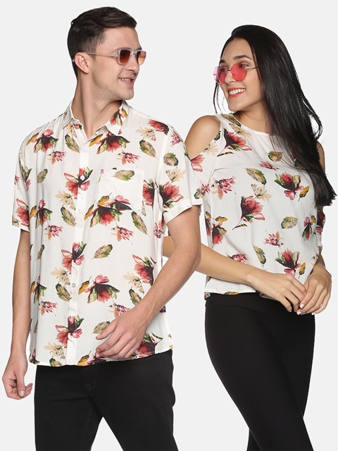 

Tusok Men Cream Smart Regular Fit Floral Printed Casual Shirt
