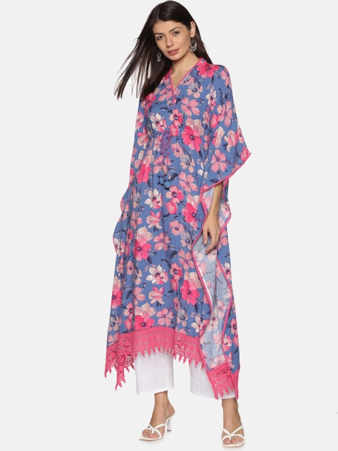 

Palakh Women Blue Floral Printed With Lace Detailed Kaftan Maxi Nightdress