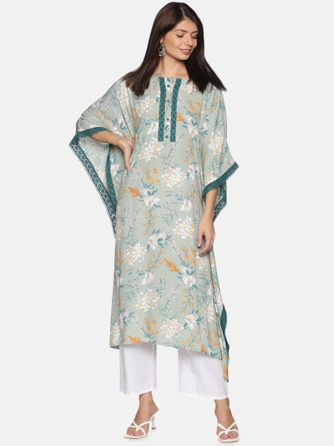

Palakh White & Teal Floral Printed Boat Neck Extended Sleeves Kaftan Kurti