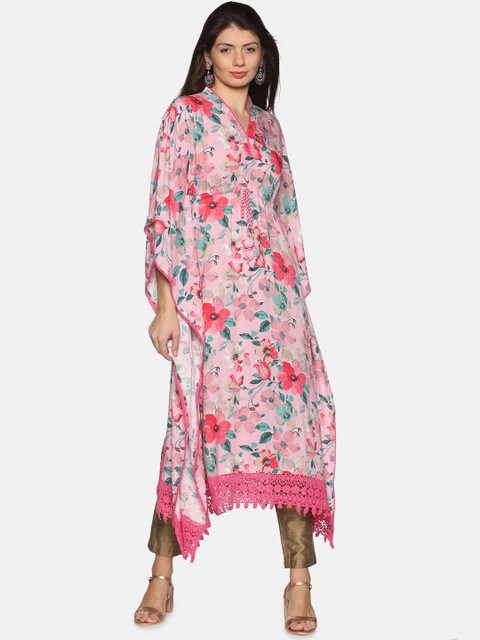

Palakh Women Pink & Green Floral Printed Kaftan Kurta