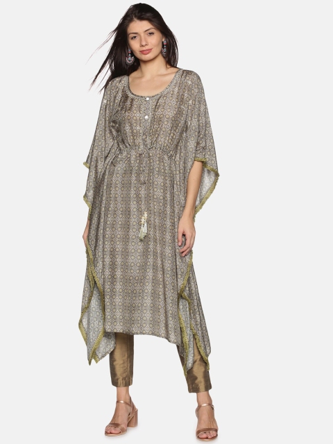 

Palakh Green & Grey Printed Flared Sleeves Kaftan Kurta