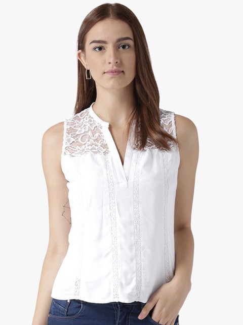 

DODO & MOA White Lace Detail Mandarin Collar Shirt Style Top
