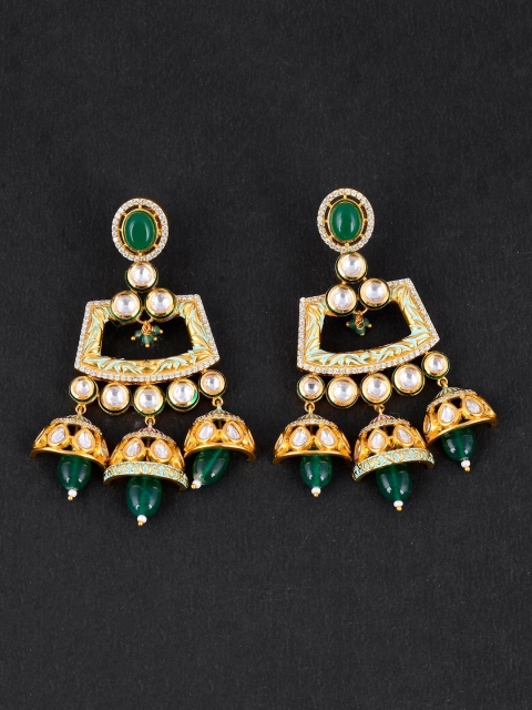 

Tistabene Women Gold-Plated Green & White Stone-Studded Enamelled Traditional Pendant Set