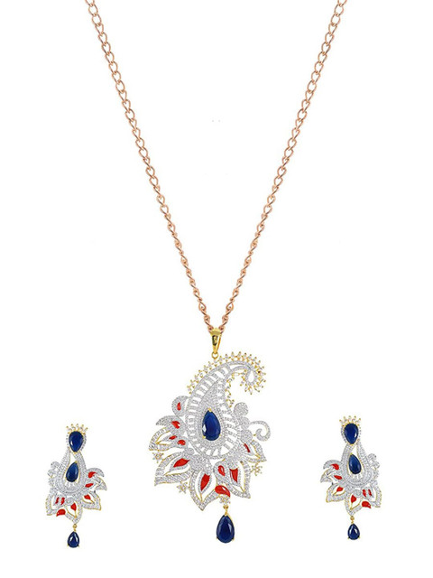 

Tistabene Blue & Gold-Plated Floral Enamelled Traditional Pendant Set