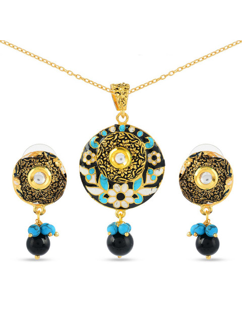 

Tistabene Blak & Navy Blue Gold Plated Floral Enamelled Traditional Pendant Set, Black